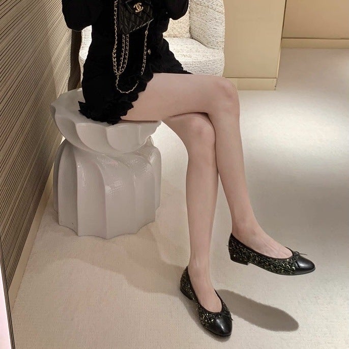 Sheepskin Version ~ Grape Mom'S Same Style Work Clothing Sweet Girl Splicing Small Round Toe Bow Low Heel Small Fragrant Flats - Image 5