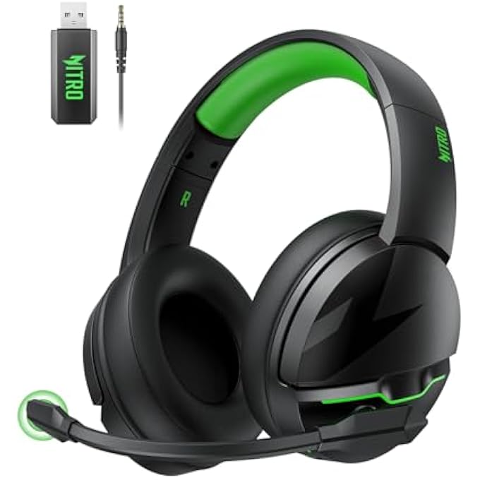 Nitro WIRELESS GAMING HEADSET, PS5 HEADSET WITH 2.4GHZ FOR PS5, PS4, PC, SWITCH, BLUETOOTH 5.3 + 100HRS GAMING HEADPHONES WITH NOISE CANCELING MIC FOR LAPTOP, MOBILE, MAC, 50MM DRIVERS (GREEN) - Image 1