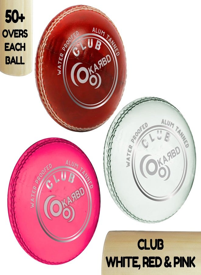 KARBD Cricket Ball Leather 4 Piece Professional Hand Stitching Waterproof Coating Season Ball for Tournament Club Matches (50+ Overs, Club White, Red & Pink, Combo Pack Set of 3) - Image 2