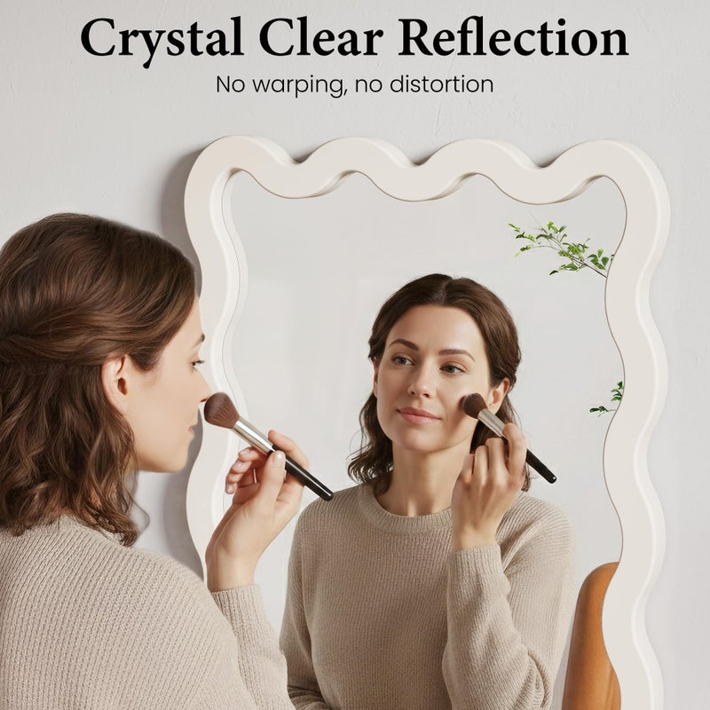 Pocetry 22"x30" White Wavy Wall Mirror for Vanity, Cream Solid Wood Irregular Mirror for Bedroom, Cute Squiggle Mirror for Aesthetic Decor, Small Asymmetrical Curvy Frame - Image 4