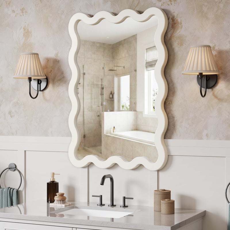 Pocetry 22"x30" White Wavy Wall Mirror for Vanity, Cream Solid Wood Irregular Mirror for Bedroom, Cute Squiggle Mirror for Aesthetic Decor, Small Asymmetrical Curvy Frame - Image 2