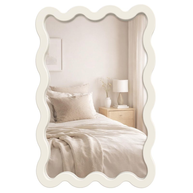 Pocetry 22"x30" White Wavy Wall Mirror for Vanity, Cream Solid Wood Irregular Mirror for Bedroom, Cute Squiggle Mirror for Aesthetic Decor, Small Asymmetrical Curvy Frame - Image 1