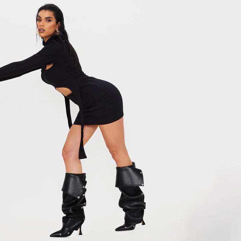 VOMIRA Women's Knee High Stiletto Boots - Pointed Toe High Heels, Wide Calf, Ruched Slouchy Boots - Detachable Snap-off Panel - Mid Calf - Black - Image 4