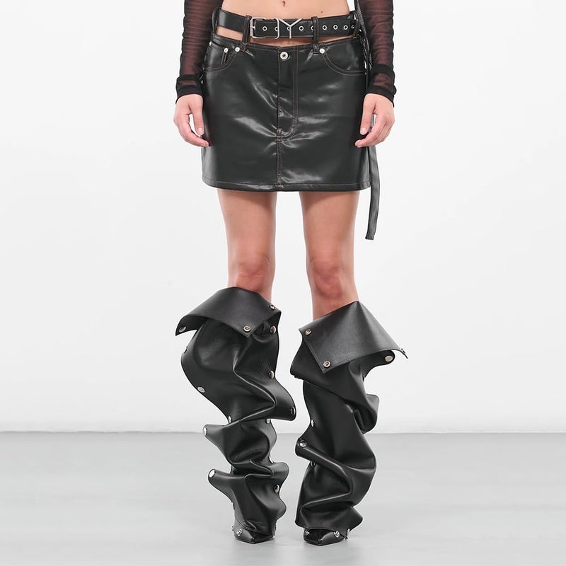 VOMIRA Women's Knee High Stiletto Boots - Pointed Toe High Heels, Wide Calf, Ruched Slouchy Boots - Detachable Snap-off Panel - Mid Calf - Black - Image 3