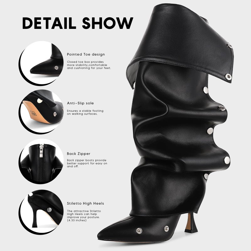 VOMIRA Women's Knee High Stiletto Boots - Pointed Toe High Heels, Wide Calf, Ruched Slouchy Boots - Detachable Snap-off Panel - Mid Calf - Black - Image 5