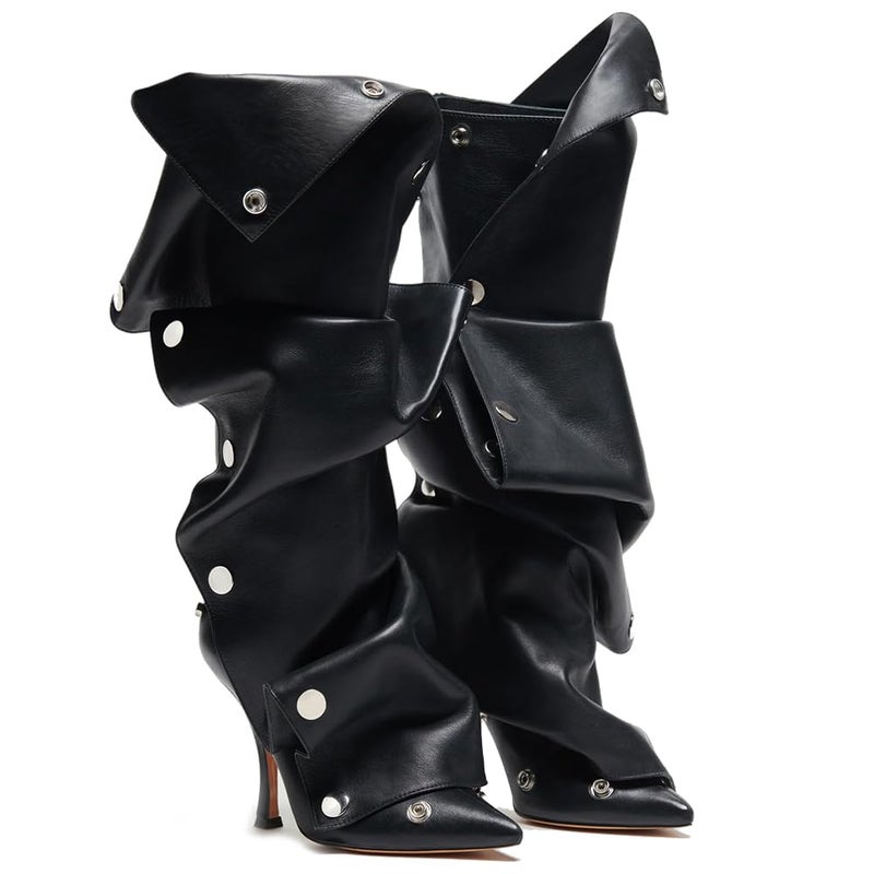 VOMIRA Women's Knee High Stiletto Boots - Pointed Toe High Heels, Wide Calf, Ruched Slouchy Boots - Detachable Snap-off Panel - Mid Calf - Black - Image 1
