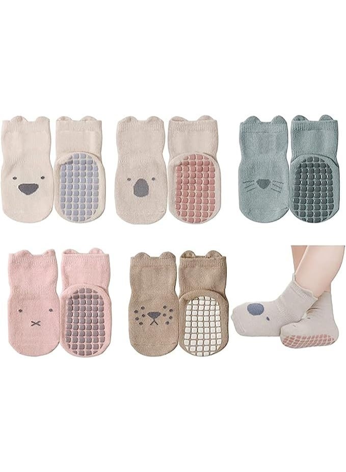 Toddler Non Slip Socks Girl Boy Cute Baby Socks with Grips Crew Socks 5 Pairs for 1 to 3 Year Old - Image 1