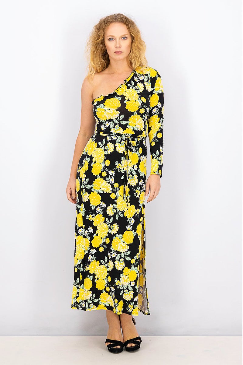 Miss Selfridge Women Petite Asymmetrical Floral Maxi Dress, Black and Yellow - Image 1
