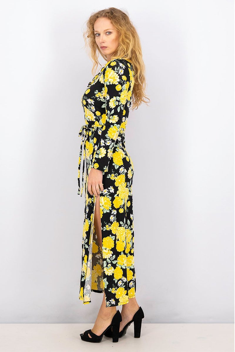 Miss Selfridge Women Petite Asymmetrical Floral Maxi Dress, Black and Yellow - Image 2