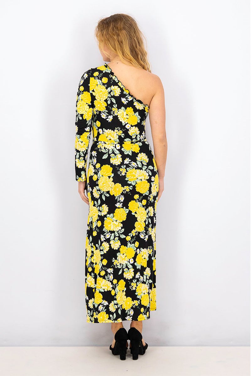 Miss Selfridge Women Petite Asymmetrical Floral Maxi Dress, Black and Yellow - Image 3