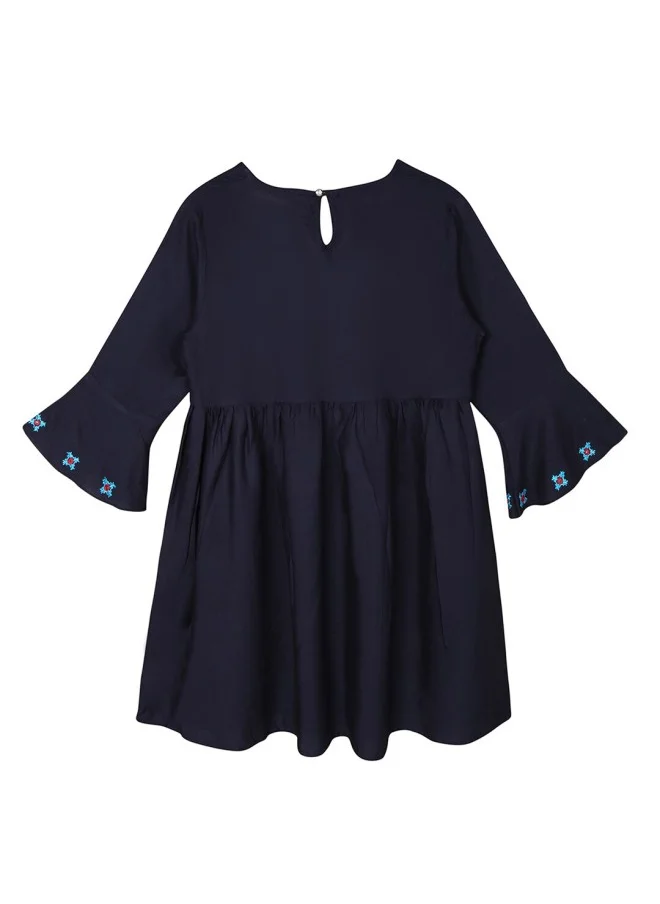 ISHIN Aline Fit Self Design Pattern Round Neck Neck Three-Quarter Sleeves Navy Blue Colour Woven Cotton Tops for Women with Semi Elastic Closure - An Ideal Pick for Any Occasion