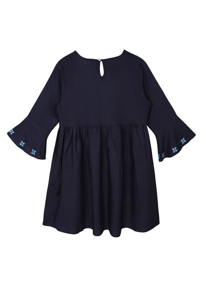 ISHIN Women's Navy Blue 100% Cotton Self Design A-Line Tops  - Image 2