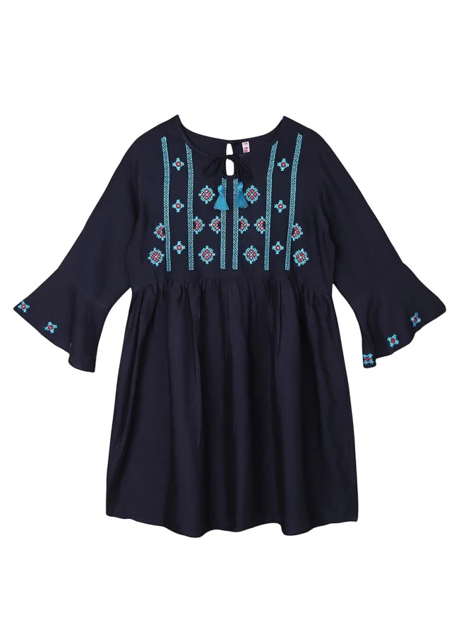 ISHIN Aline Fit Self Design Pattern Round Neck Neck Three-Quarter Sleeves Navy Blue Colour Woven Cotton Tops for Women with Semi Elastic Closure - An Ideal Pick for Any Occasion
