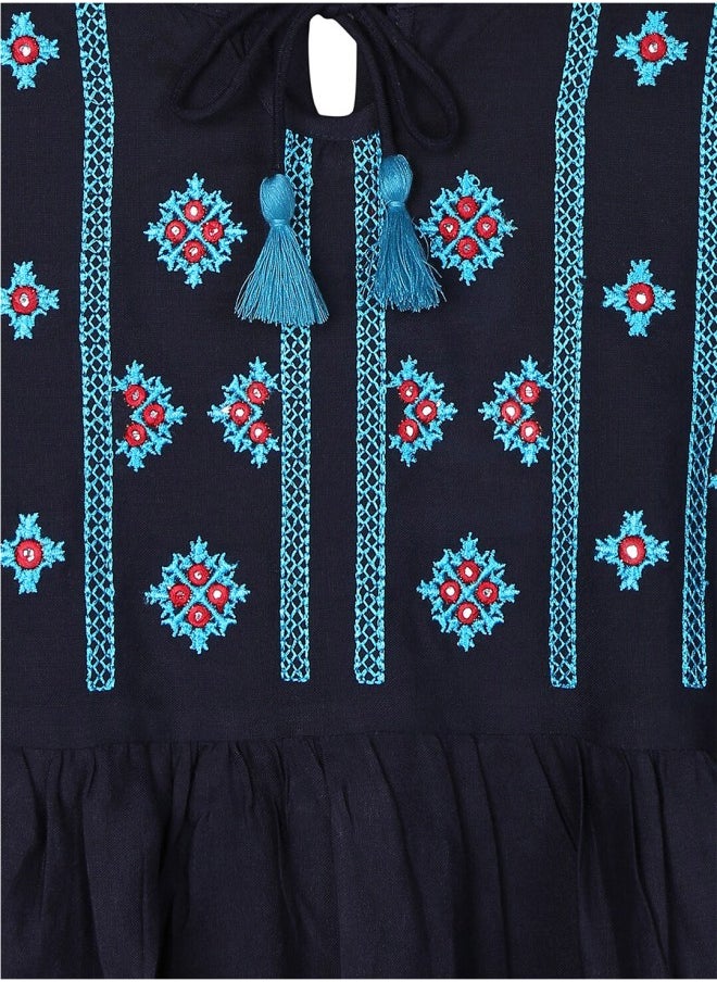 ISHIN Women's Navy Blue 100% Cotton Self Design A-Line Tops  - Image 3