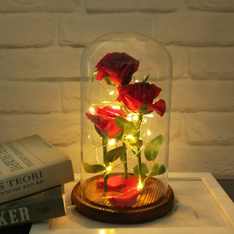 Valentine's Day Red Rose Flower Lights in Glass Dome without Battery - Image 1