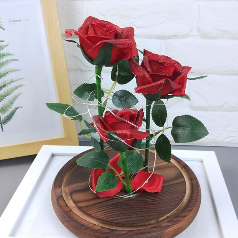 Valentine's Day Red Rose Flower Lights in Glass Dome without Battery - Image 3
