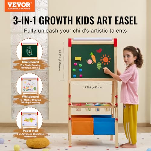 VEVOR Art Easel for Kids 3in1 Wooden DoubleSided Kids Art Easel with Magnetic Whiteboard Chalkboard Paper Roll Adjustable Standing Drawing Board with Painting Accessories Storage for Boy Girl - Image 5