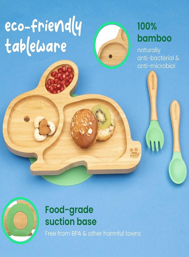 StarKiddo ® ‘Cute Bamboo Rabbie Suction Plate’ Baby-Led Weaning | 3 Sections | Non-Toxic |Eco-Friendly | Super Strong Suction Cup - Natural Bamboo BPA Free Baby Plate (Green) - Image 5