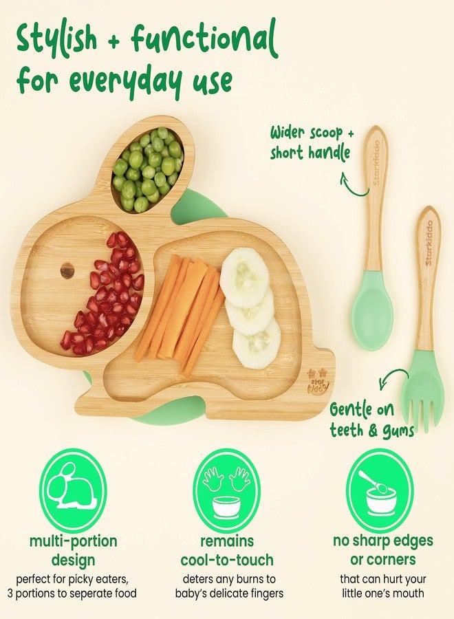 StarKiddo ® ‘Cute Bamboo Rabbie Suction Plate’ Baby-Led Weaning | 3 Sections | Non-Toxic |Eco-Friendly | Super Strong Suction Cup - Natural Bamboo BPA Free Baby Plate (Green) - Image 4