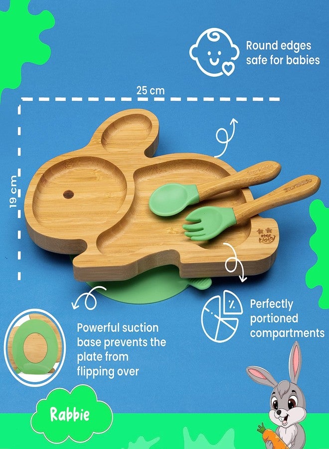 StarKiddo ® ‘Cute Bamboo Rabbie Suction Plate’ Baby-Led Weaning | 3 Sections | Non-Toxic |Eco-Friendly | Super Strong Suction Cup - Natural Bamboo BPA Free Baby Plate (Green) - Image 2