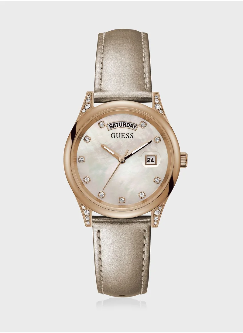 GUESS Leather Strap Aura Polished Analog Watch