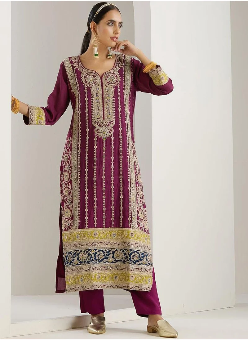 ISHIN Women Purple Polyester Chinon 3 pcs Kurta Set