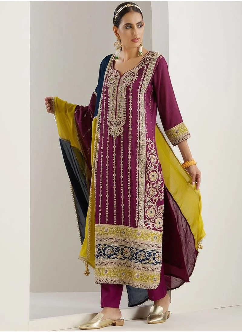 ISHIN Women Purple Polyester Chinon 3 pcs Kurta Set
