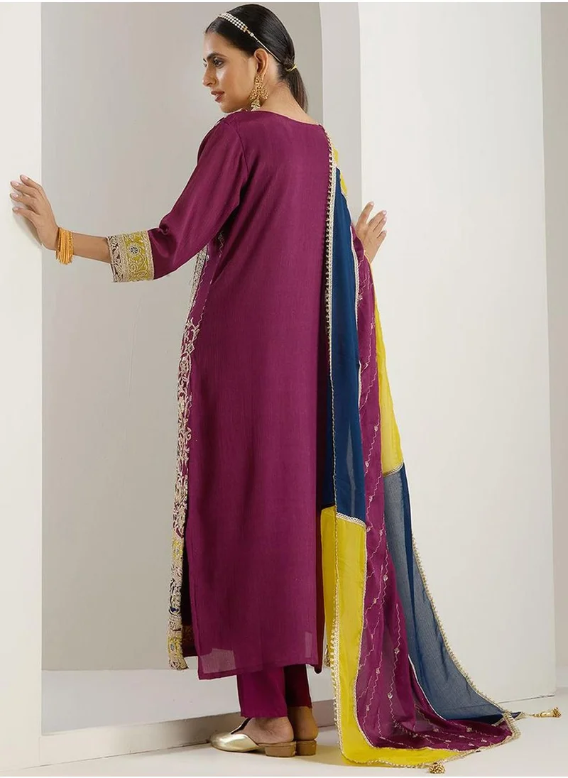 ISHIN Women Purple Polyester Chinon 3 pcs Kurta Set