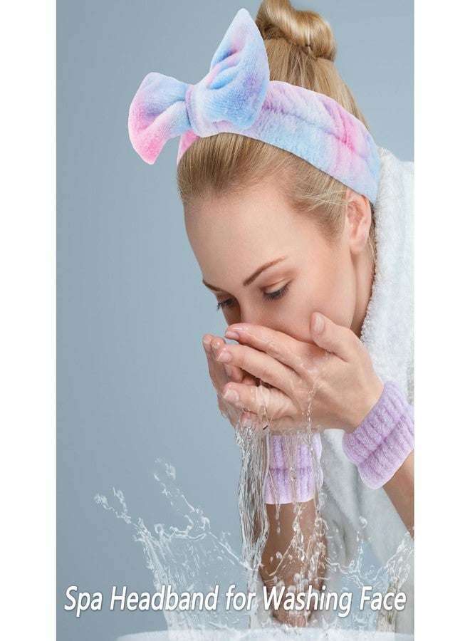 VELSCRUN Spa Headbands for Wash Face, Makeup Headband, Facial Skincare Headbands, 5 Pcs Purple Colourful Puffy Sponge Spa Headband Bow Tie Hair Band Hair Clips Wristband Set Women Girls Accessories - Image 2