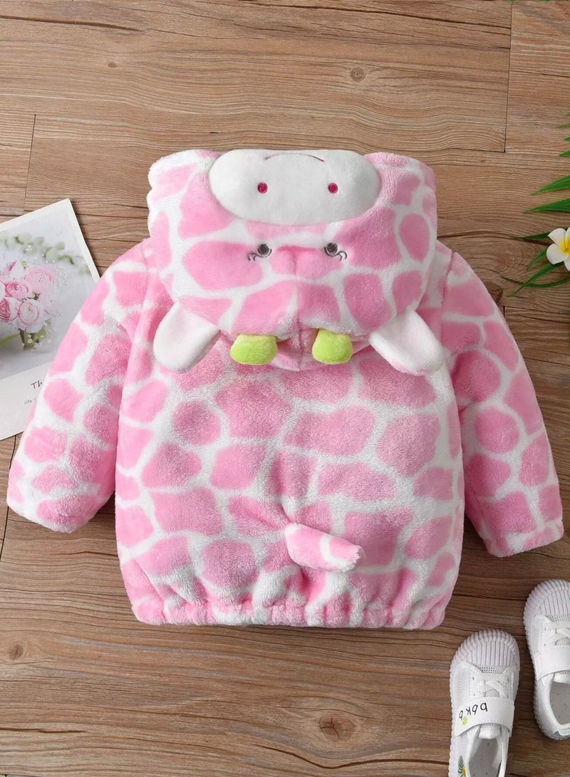 Baby Geo Pattern Cartoon Embroidered 3D Patched Hooded Flannel Jacket  - Image 2
