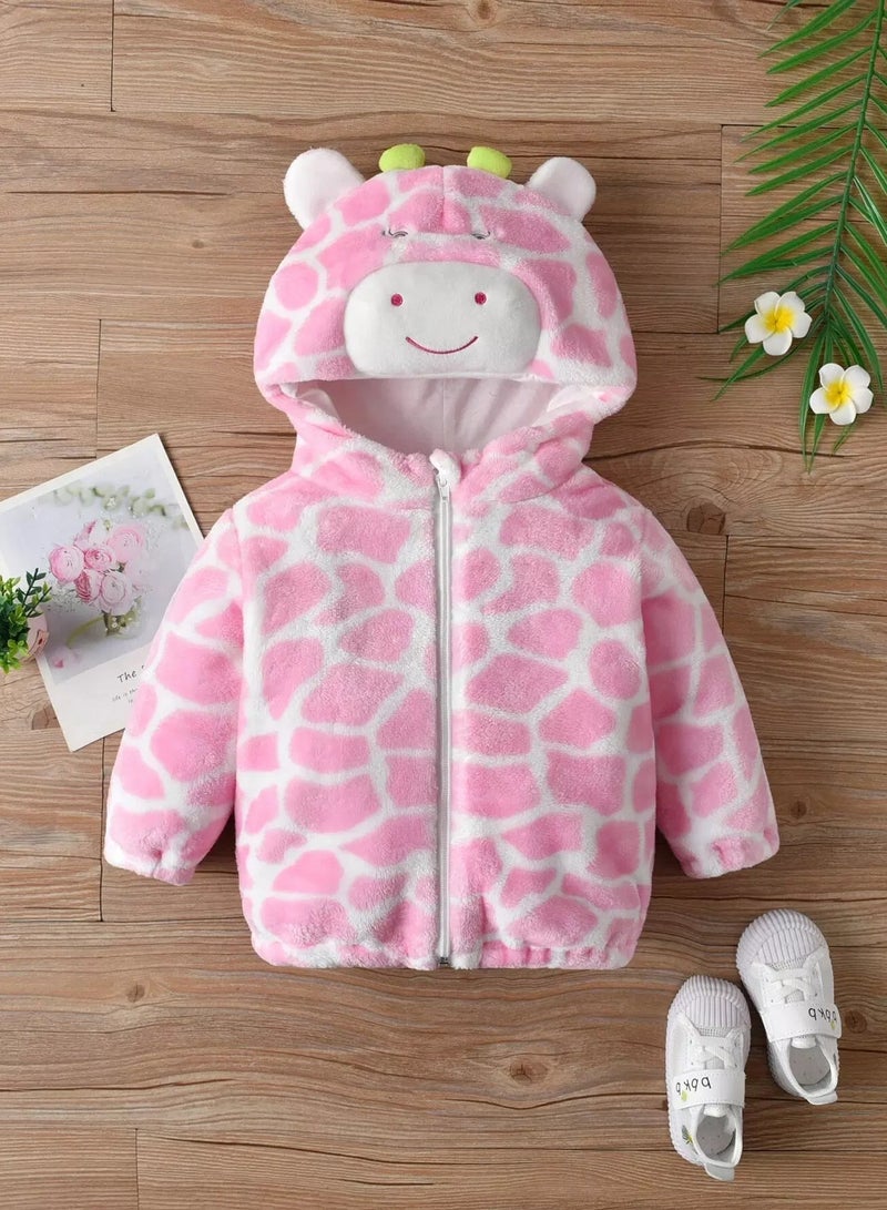 Baby Geo Pattern Cartoon Embroidered 3D Patched Hooded Flannel Jacket  - Image 1