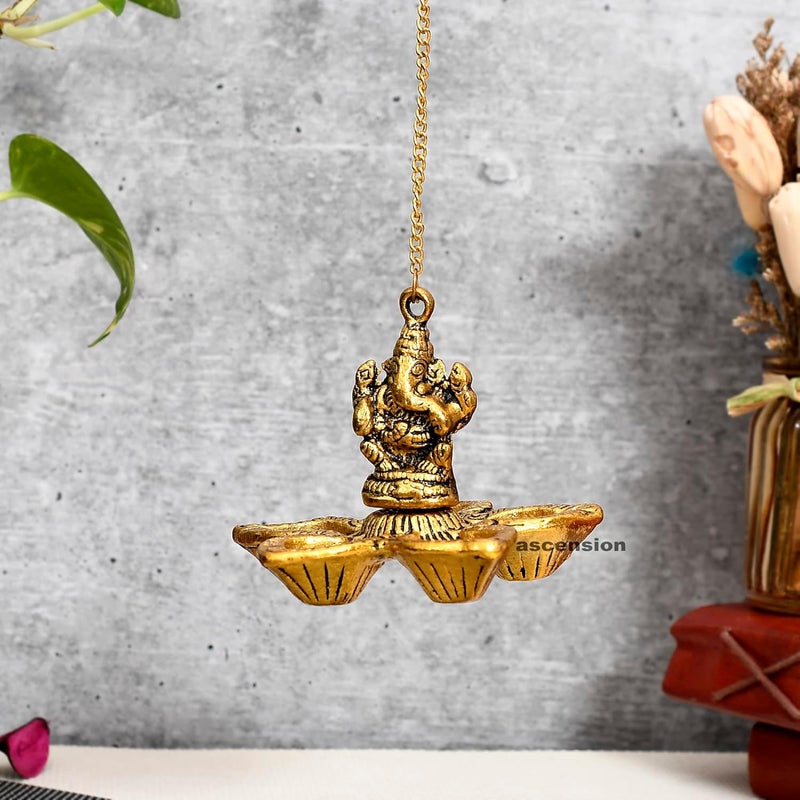 ascension Ganesha Brass Hanging Diya for Home Decor 3 Inches Ganesha Diya 6 Inches Chain Length Hanging Diya for Home Decor Temple Decor - Image 1