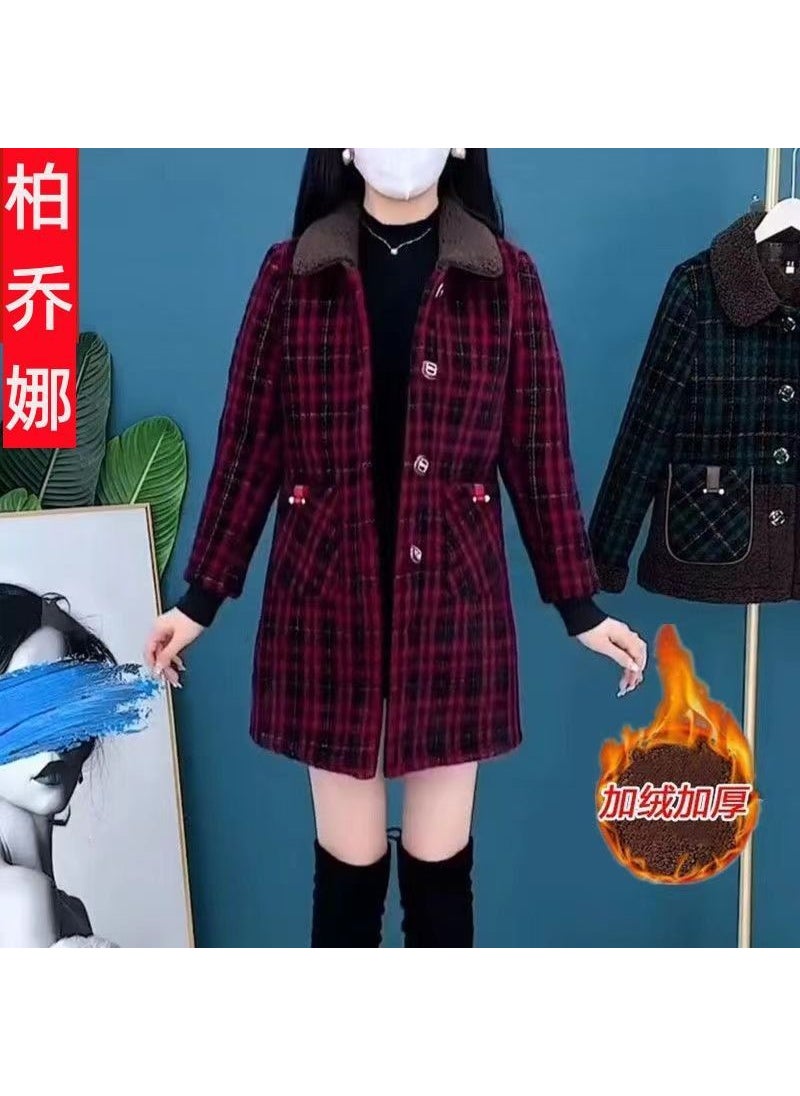 Generic - 2022 Autumn Winter Chic Long Tweed Coat Women Plush Thickened Mom Check Jacket Brown Plaid - Image 1