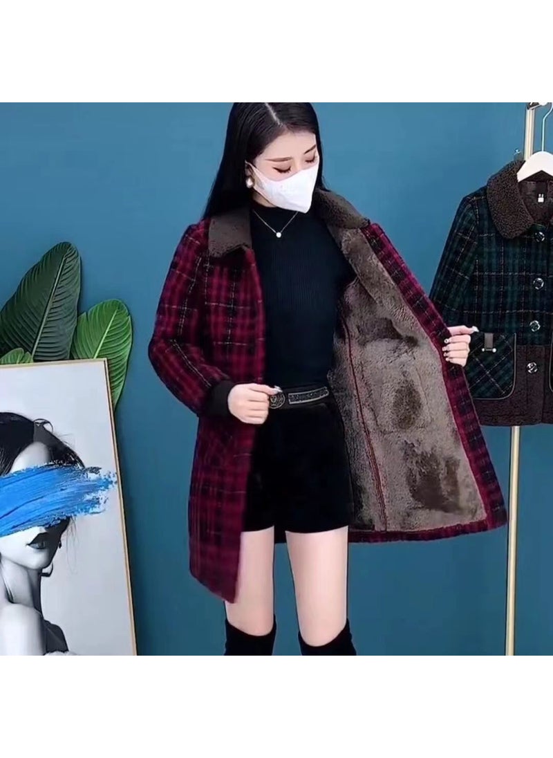 Generic - 2022 Autumn Winter Chic Long Tweed Coat Women Plush Thickened Mom Check Jacket Brown Plaid - Image 1