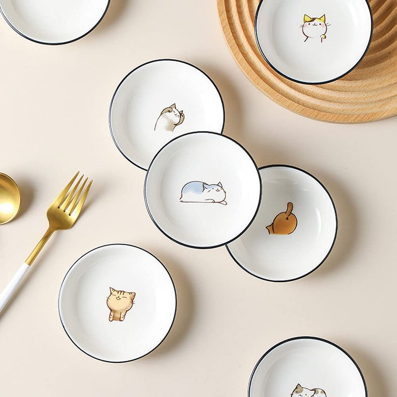 FUYU 6pcs Cute Cat Multipurpose Ceramic Sauce Dish Seasoning Dishes Sushi Dipping Bowl Appetizer Plates - Image 3