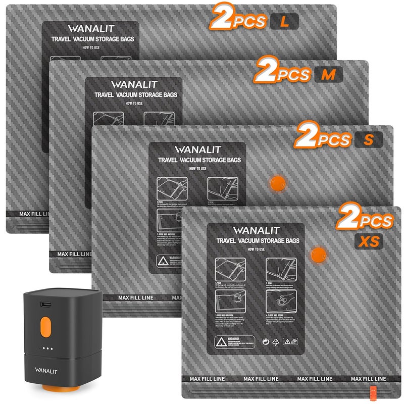 WANALIT Travel Vacuum Storage Bags with Wireless Rechargeable Electric Pump, 8 Pack Travel Essentials Vacuum Seal Bags for Clothing, Space Saver Compression Packing Bags for Luggage, Suitcase, Backpack, Home - Image 1
