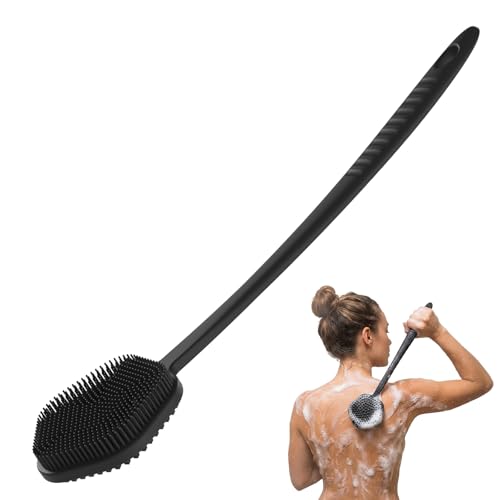 Redfly Silicone Back Scrubber for Shower Brush, 17 inch Long Handled Silicone Body Scrubber for Men & Women, Double Sided Shower Scrubber for Body Brush Exfoliator and Massage, Black - Image 1