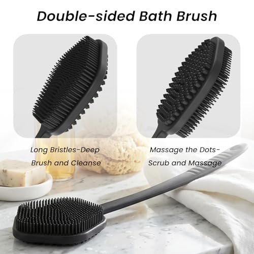 Redfly Silicone Back Scrubber for Shower Brush, 17 inch Long Handled Silicone Body Scrubber for Men & Women, Double Sided Shower Scrubber for Body Brush Exfoliator and Massage, Black - Image 3