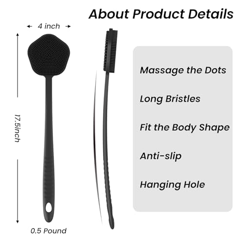 Redfly Silicone Back Scrubber for Shower Brush, 17 inch Long Handled Silicone Body Scrubber for Men & Women, Double Sided Shower Scrubber for Body Brush Exfoliator and Massage, Black - Image 2
