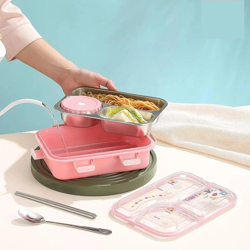PLUSPOINT Bento Lunch Box with 3 Compartment Inner Stainless Steel Insulated Air Tight Portable Tiffin with,700ml Lunch Box with 150ml Container, Leak Proof Bento Box for Kids, Adults, Men Women - Image 5