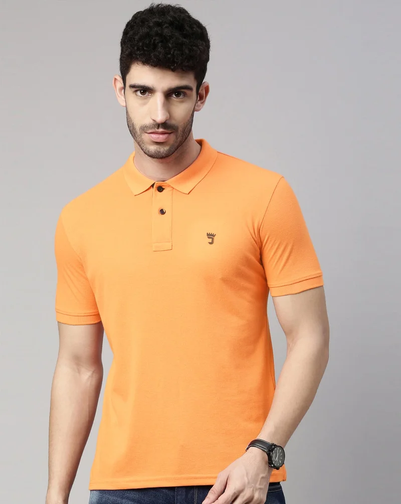 Joven Men Sun Gold Solid Polo Collar Pure Cotton T-Shirt