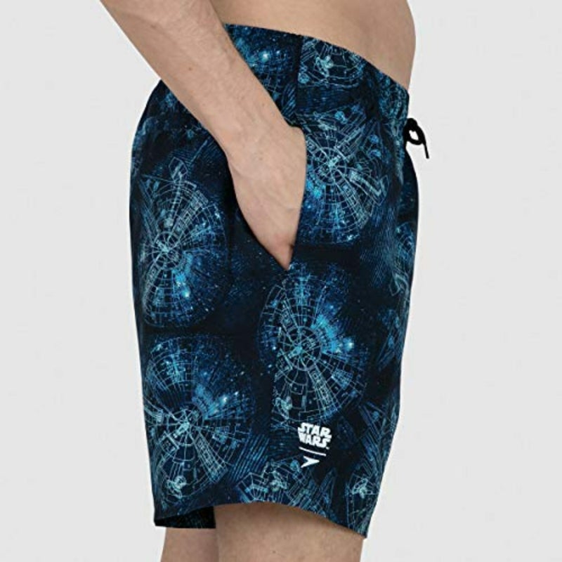 Men Star Wars Allover 16 Watershort for beach and pool use, quick-dry polyester fabric, navy blue with iconic character print, UV protection and stretch fit - Image 2