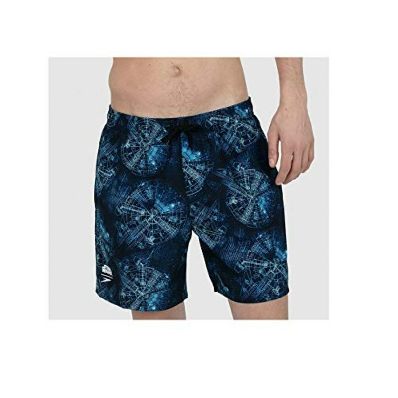 Men Star Wars Allover 16 Watershort for beach and pool use, quick-dry polyester fabric, navy blue with iconic character print, UV protection and stretch fit - Image 1