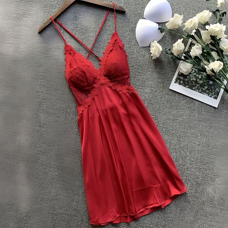 Plus-Size Sexy Nightgown with Lace Hollow-Out Straps, Ice Silk Sleep Dress with Chest Pad, Satin Loungewear