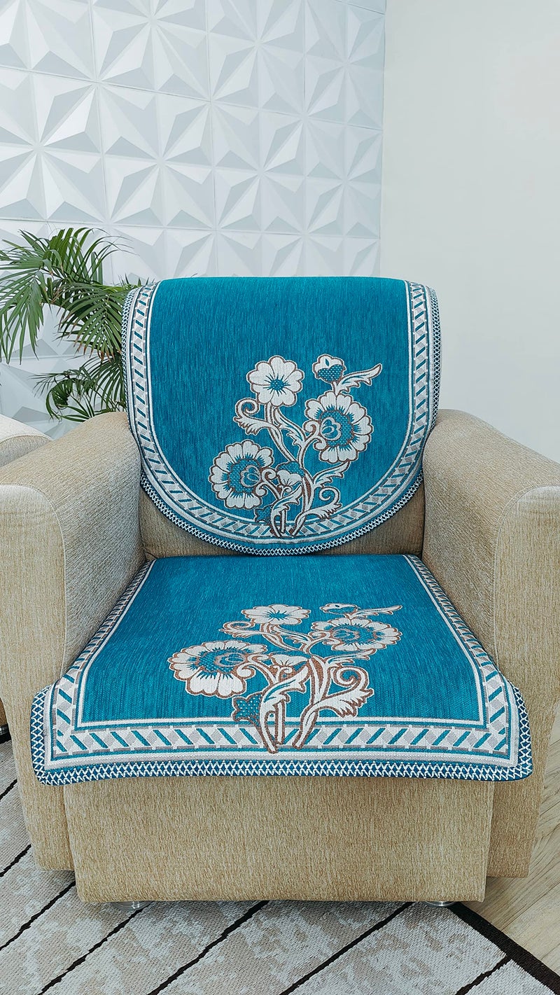 KREEVA Velvet Chenille Sofa Cover | for 5 Seater (3+1+1) Sofa | (Florida Firozi, 6 Piece Set) | Sofa Slipcovers - Image 2