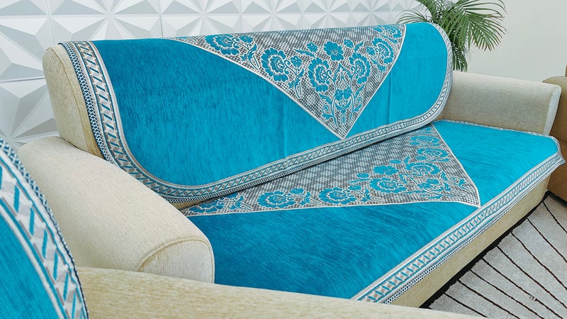 KREEVA Velvet Chenille Sofa Cover | for 5 Seater (3+1+1) Sofa | (Florida Firozi, 6 Piece Set) | Sofa Slipcovers - Image 3