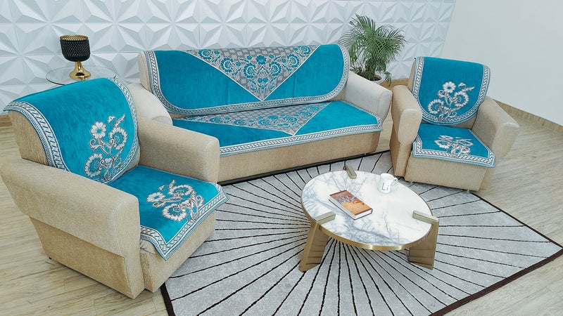 KREEVA Velvet Chenille Sofa Cover | for 5 Seater (3+1+1) Sofa | (Florida Firozi, 6 Piece Set) | Sofa Slipcovers - Image 4