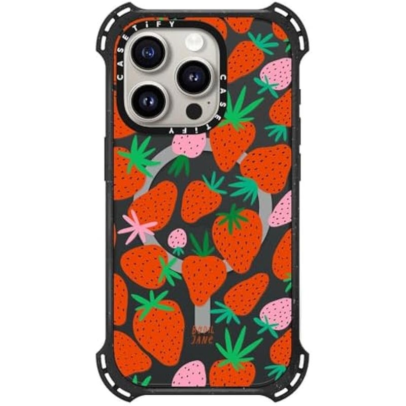 Casetify Bounce iPhone 15 Pro Case 【6X Military Grade Drop Tested / 21.3ft Drop Protection/Compatible with Magsafe】 - Strawberries - Triple Black - Image 1