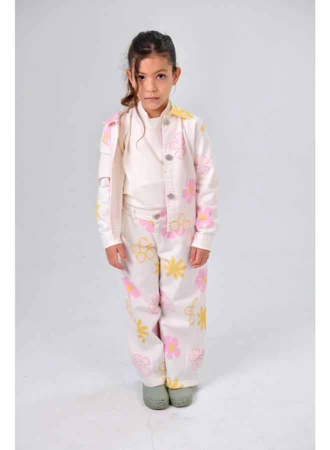 Girls Printed Gabardine Jacket – Offwhite with Flowers