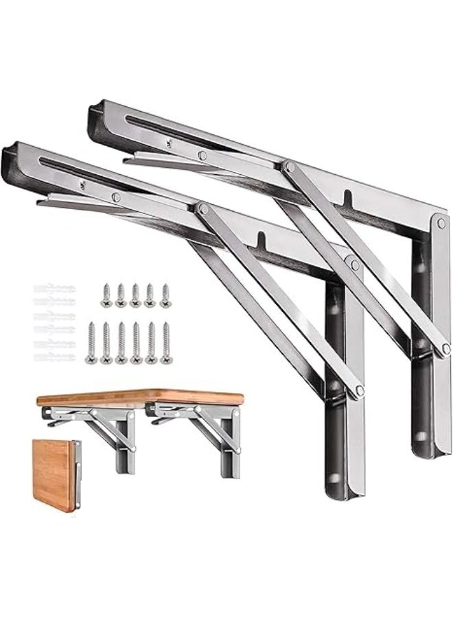 VITION Folding Shelf Brackets, Stainless Steel Heavy Duty Wall Mounted Triangle Brackets for Folding Furniture Space Saving Table Work Bench (Silver, 16inch - 2pcs) - Image 1
